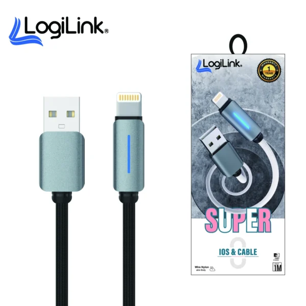 LOGILINK USB TO LIGHTNING NYLON FAST CHARGING DATA CABLE 1M 1 YEAR WARRANTY BLAC