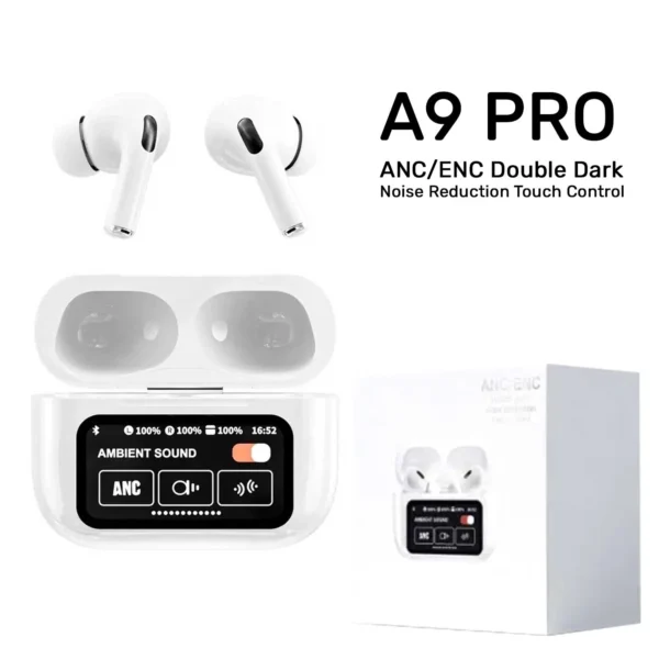 WHITE NEW A9 PRO APPLE AIRPODS ANC/ENC ZHONGKELQNXUN NOISE REDUCTION TOUCH CONTROL BLUETOOTH 5.4 WIRELESS EARBUDS