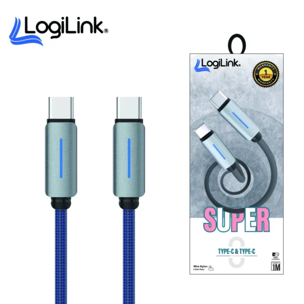 LOGILINK TYPE C TO TYPE C NYLON FAST CHARGING DATA CABLE WITH LIGHT 1M (1 YEAR W