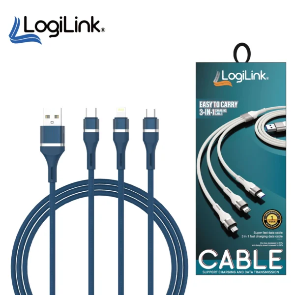LOGILINK 3IN1 USB TO MICRO/TYPE C/IPHONE NYLON DATA CABLE 6A FAST CHARGING 1M 1