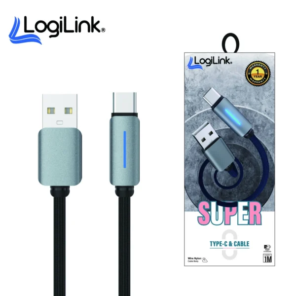 Logilink Usb To Type C Nylon Fast Charging Data Cable With Light 1m (1 Year Warr
