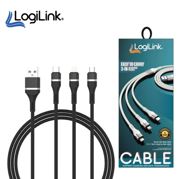 LOGILINK 3IN1 USB TO MICRO/TYPE C/IPHONE NYLON DATA CABLE 6A FAST CHARGING 1M 1