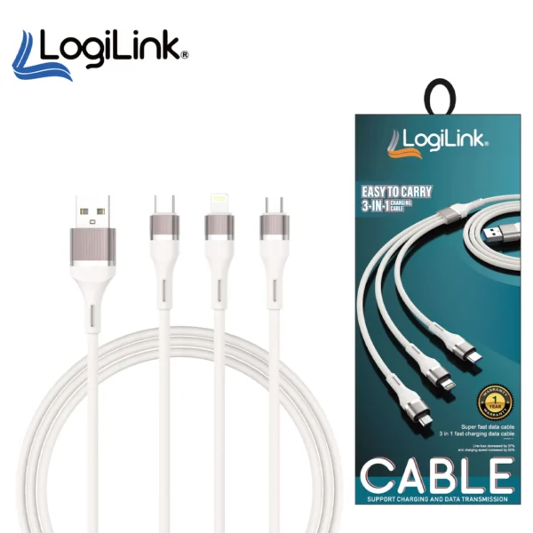 LOGILINK 3IN1 USB TO MICRO/TYPE C/IPHONE NYLON DATA CABLE 6A FAST CHARGING 1M WI