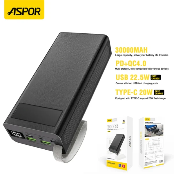 ASPOR A317 22.5W 30000MAH FAST CHARGING POWER BANK WITH 3 CABLES BLACK