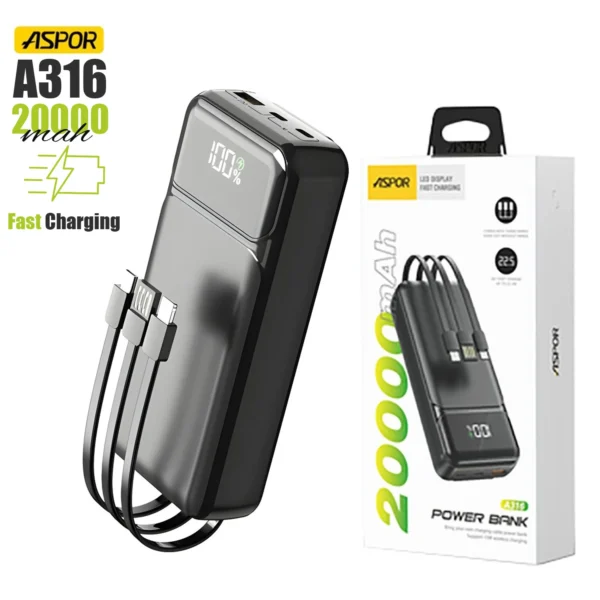 ASPOR A316 20000MAH 22.5W HIGH SPEED BUILT IN CABLE FAST CHARGING POWER BANK BLA