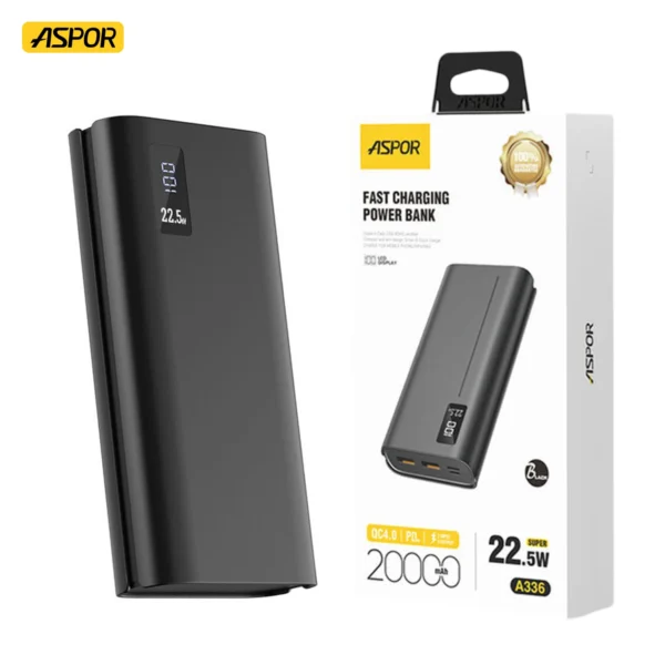 ASPOR A336 POWER BANK 20000MAH 22.5W HIGH CAPACITY WITH LED DISPLAY FAST CHARGIN