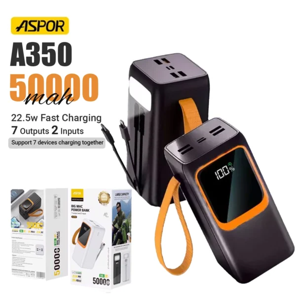 ASPOR A350 22.5W 50000MAH FAST CHARGING TYPE-C MICRO IOS 7 OUTPUT WITH BUILT-IN
