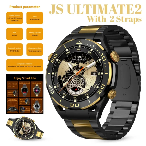 JS ULTIMATE2 1.53 INCH BT CALL SMART WATCH RDFIT APP WITH 2 STRAPS (SILICONE STR