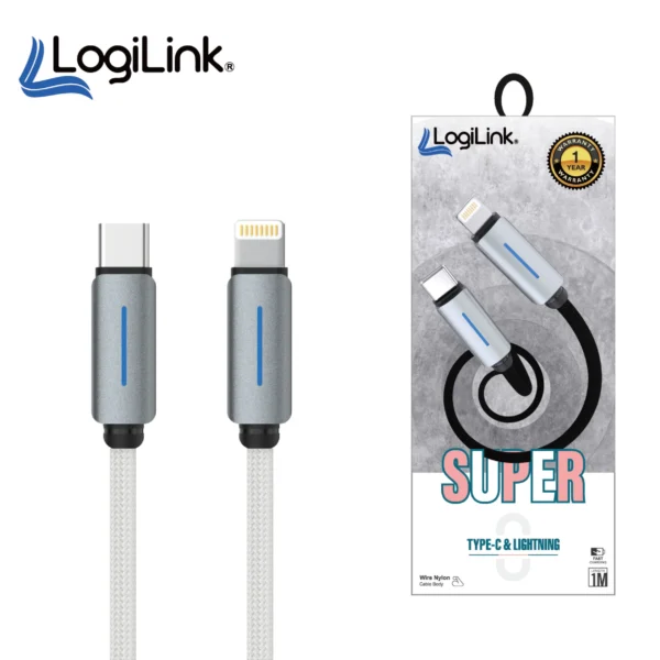 LOGILINK TYPE C TO LIGHTNING NYLON FAST CHARGING DATA CABLE WITH LIGHT 1M (1 YEAR WARRANTY) WHITE
