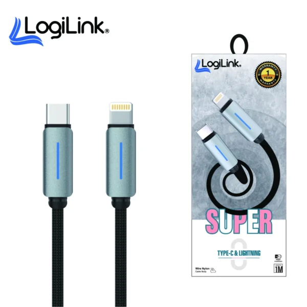 LOGILINK TYPE C TO LIGHTNING NYLON FAST CHARGING DATA CABLE WITH LIGHT 1M (1 YEAR WARRANTY) BLACK