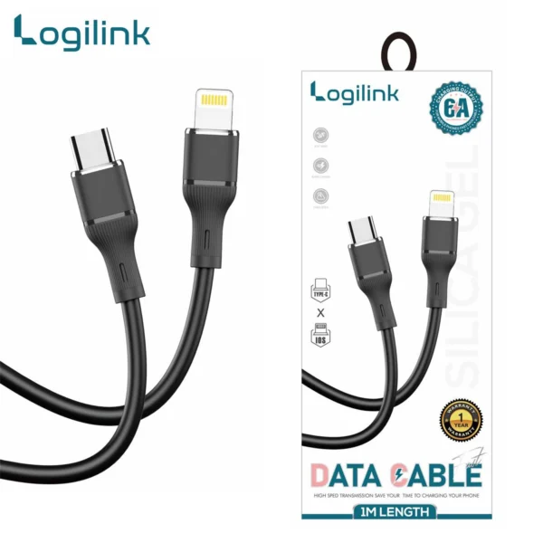 LOGILINK TYPE C TO LIGHTNING SILICONE FAST CHARGING DATA CABLE 1M (1 YEAR WARRANTY) BLACK