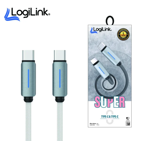 LOGILINK TYPE C TO TYPE C NYLON FAST CHARGING DATA CABLE WITH LIGHT 1M WHITE
