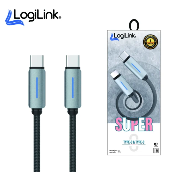 LOGILINK TYPE C TO TYPE C NYLON FAST CHARGING DATA CABLE WITH LIGHT 1M GREY