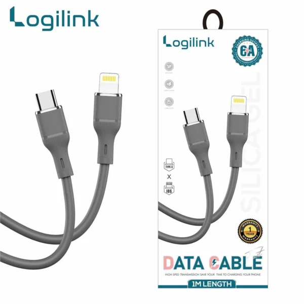 LOGILINK TYPE C TO LIGHTNING SILICONE FAST CHARGING DATA CABLE 1M GREY