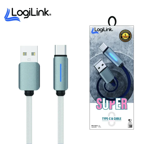 LOGILINK USB TO TYPE C NYLON FAST CHARGING DATA CABLE 1M WITH LIGHT (1 YEAR WARR