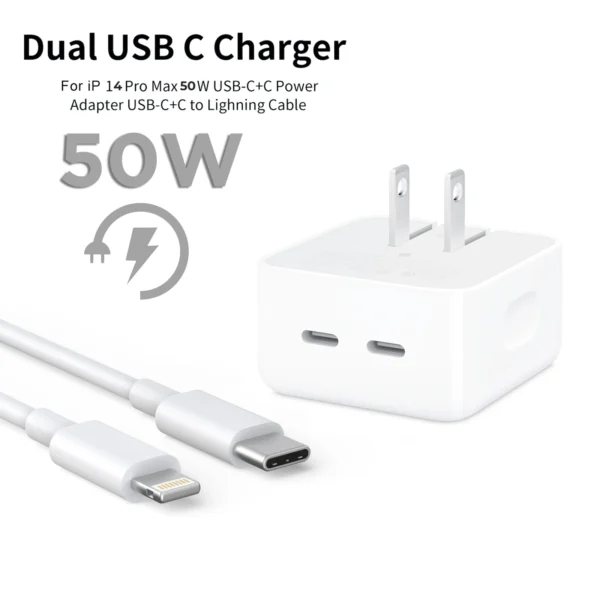 IPHONE 14 Pro 2 Pin (US PIN) 50W USB-C+C POWER Adapter With USB-C TO LIGHTINING