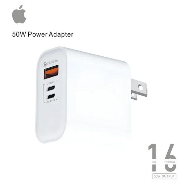IPHONE 16 PRO MAX 50W POWER ADAPTER WITH 3 PORTS ( USB-A USB-C OR LIGHTNING )