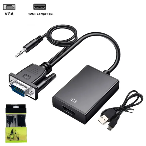 VGA TO HDMI 1080P ADAPTER WITH 3.5MM AUDIO OUTPUT JACK GREEN BOX