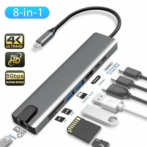 Speed X 8 In1 Multi Port Type C To Usb C 4k Dport Adapter Usb 3.0