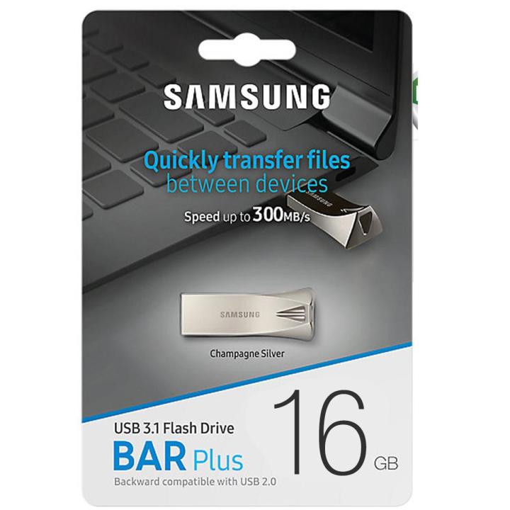 “Samsung 16GB USB Bar Plus Flash Drive 3.1 front view” “Durable metal Samsung 16GB USB drive for PC and Mac” “Fast 300MB/s Samsung USB Flash Drive 16GB”